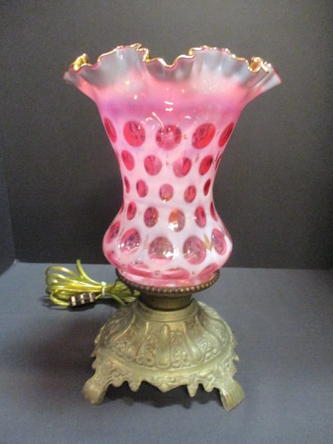 Vintage Fenton Cranberry Opalescent Coin Dot Torchiere Table Lamp (1 of 4)