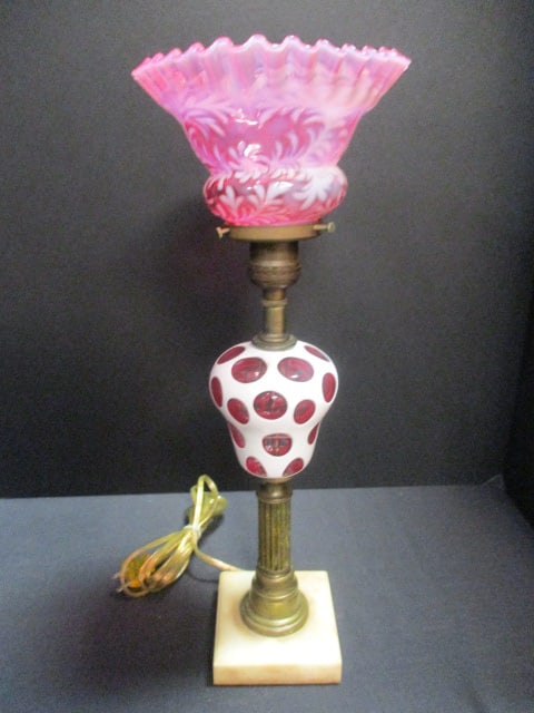 Vintage Fenton Cranberry Coin Dot Electric Post Lamp with Daisy & Fern Shade (1 of 6)