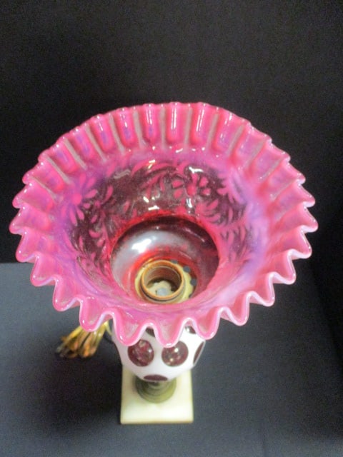 Vintage Fenton Cranberry Coin Dot Electric Post Lamp with Daisy & Fern Shade - 5