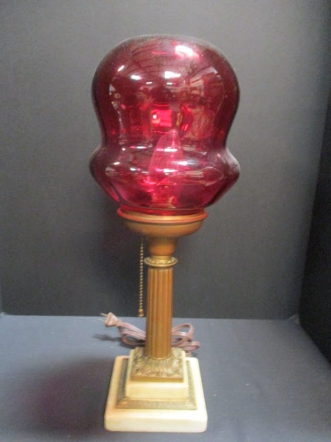 Vintage Fenton Neoclassical Style Pull Chain Electric Lamp with Cranberry Shade: 18 1/2"h