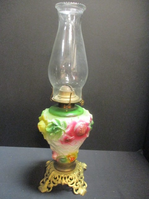 Vintage P&A Oil Lamp with Handpainted Rose and Lattice Molded Glass Oil Font (1 of 4)