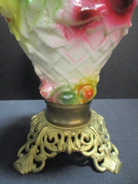 Vintage P&A Oil Lamp with Handpainted Rose and Lattice Molded Glass Oil Font - 2