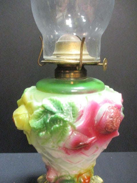 Vintage P&A Oil Lamp with Handpainted Rose and Lattice Molded Glass Oil Font - 3
