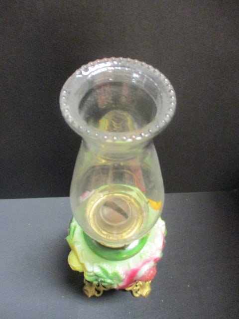 Vintage P&A Oil Lamp with Handpainted Rose and Lattice Molded Glass Oil Font - 4