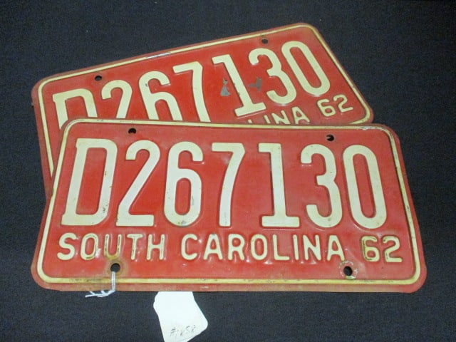1962 South Carolina Matched Set of Embossed License Plates: .