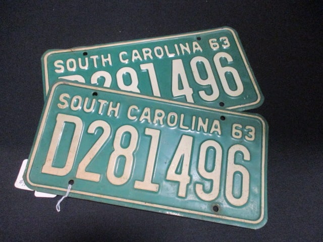 1963 South Carolina Matched Set of Embossed License Plates: .