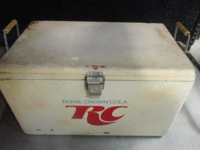 Vintage Progress Refrigerator Co. "RC Royal Crown Cola" Ice Chest: 22 1/2" x 13" x 13", galvanized interior, has drain and bottle opener handle, some age/use wear to paint, some rust spots-see pictures and preview