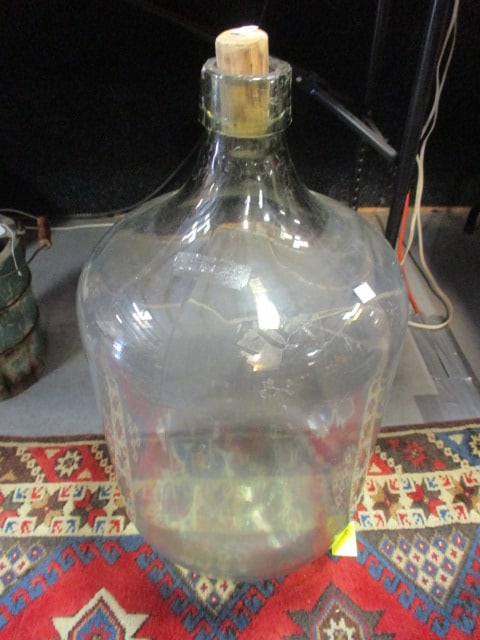 Vintage 13 Gallon Pressed Glass Carboy: 26"h, has wooden stopper, MCAGSTD 13G 1944 in relief on bottom, mouth has some chips, Local Pickup Suggested