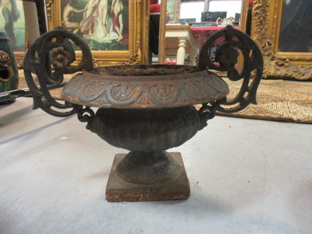 Cast Metal Urn Planter: 12 1/2"dia x 12"(top of handle), rusted, has drain hole, Heavy, Local Pickup Only