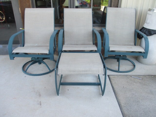Three Green Metal High Back Swiveling Bouncy Chairs and Ottoman (1 of 12)