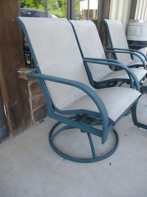 Three Green Metal High Back Swiveling Bouncy Chairs and Ottoman - 3