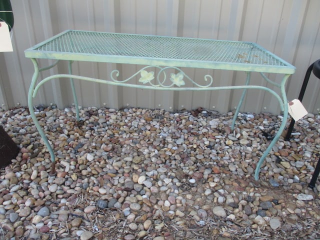 Green Metal Mesh Coffee Table with Ivy Accents: 33" x 17" x 18", slight weathering and few rust spots, Local Pickup Only