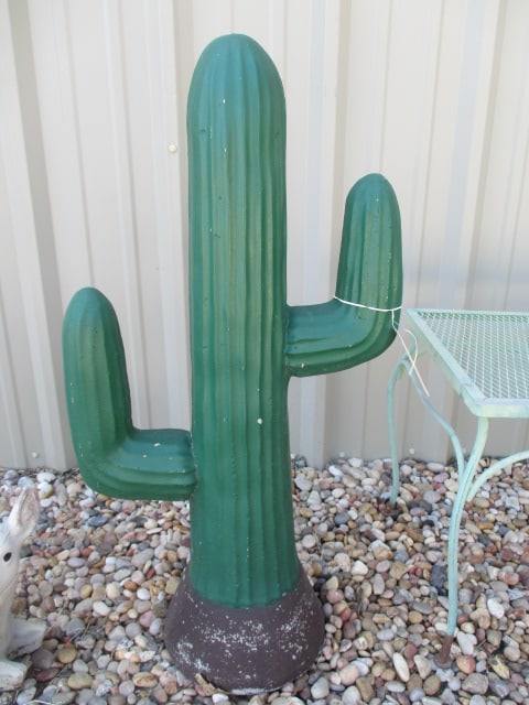 Painted Concrete Cactus Yard Statue: 36"h, some weathering on base and finish crack on one cactus arm, Local Pickup Only