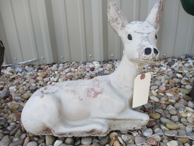 Painted Concrete Resting Deer Statue: 14" long, 13"h, slight weathering and hairline cracks, Local Pickup Only