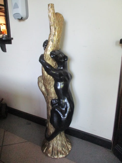 Signed Stylized Large Black Panter Climbing Tree Wildlife Floor Statue: 53"h, few small color repairs, slight crazing, signed and dated 1997 on base, Local Pickup Suggested