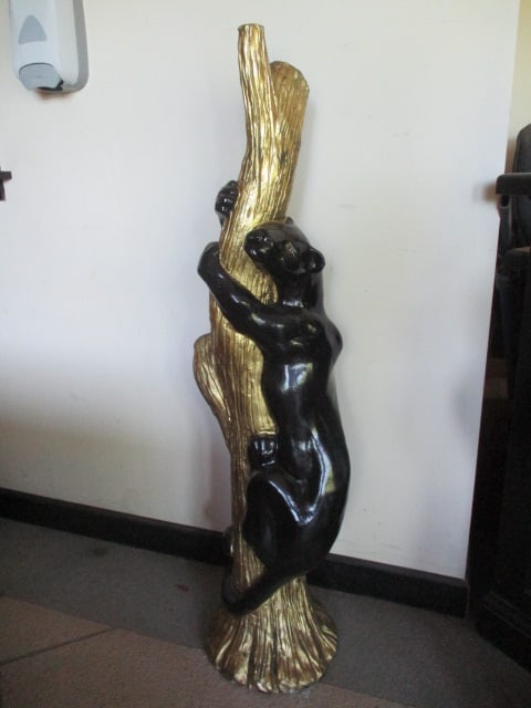 Signed Stylized Large Black Panter Climbing Tree Wildlife Floor Statue: 53"h, few small color repairs, slight crazing, signed and dated 1997 on base, Local Pickup Suggested