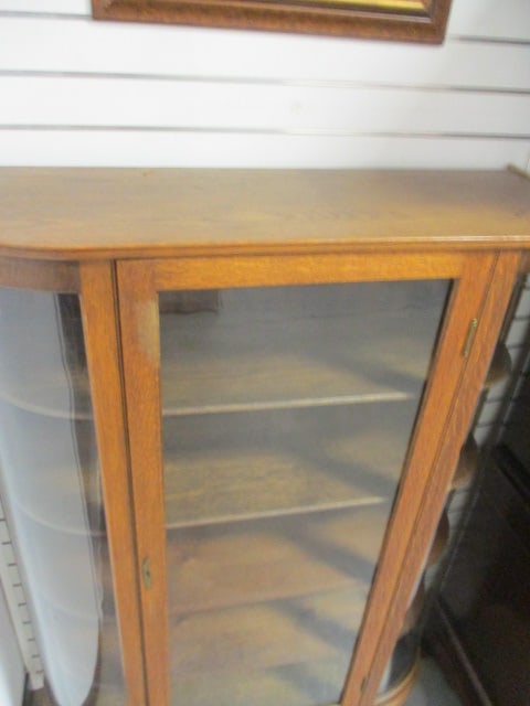 Antique Oak Curved Glass Curio Cabinet - 2