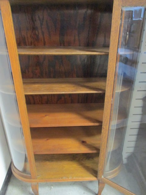 Antique Oak Curved Glass Curio Cabinet - 4