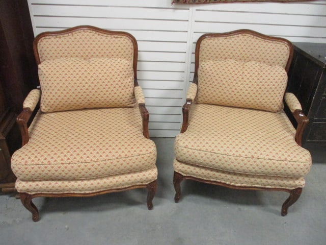Pair of French Provencial Style Upholstered Armchairs: 30"w, has removable back cushion, customed covered upholstery, Local Pickup Only