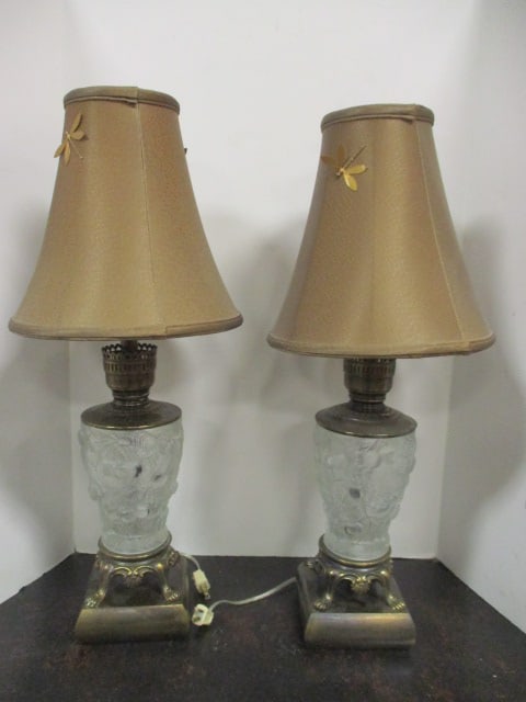 Pair of Frosted Embossed Cherry Fruit Motif Glass Body Lamps with Frederick Cooper: Shades with Gold Tone Dragonfly Accents. 27 1/4"h, one does not have finial, one has broken foot on base, Local Pickup Only