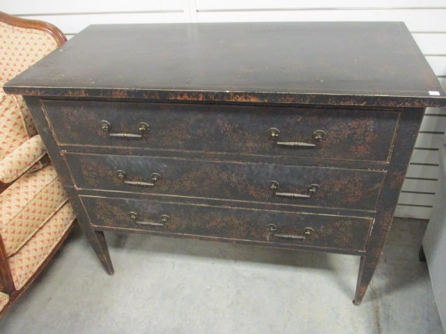 Hand Decorated 3 Drawer Chest: 43" x 20 1/2" x 35", some finish scuffs and paint chipping, some finish wear on drawer handles, Local Pickup Only