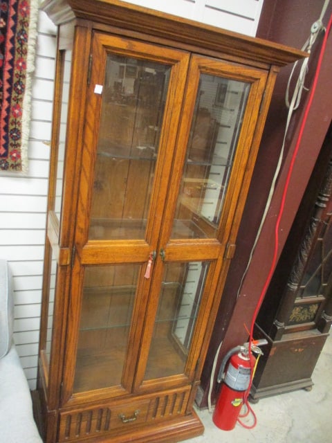 Stanley Oak Beveled Glass Door Display Cabinet with Drawer (1 of 7)