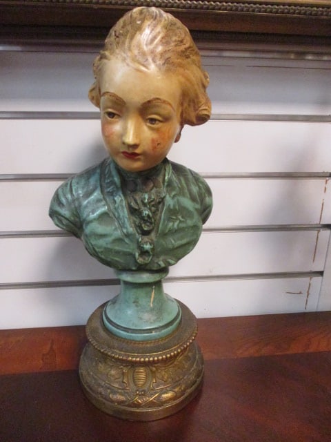 Signed Rococo Revival Chalkware Bust on Ornate Pedestal Base (1 of 8)
