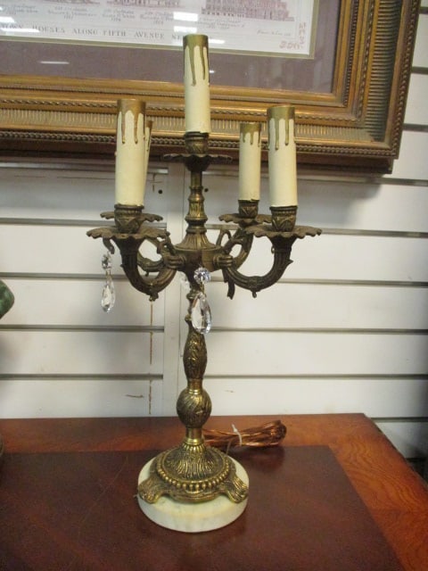 Electric Hollywood Regency Style 5 Lite Candelabra with Prisms: 19 1/2"h, drip rings have holes for additional prisms