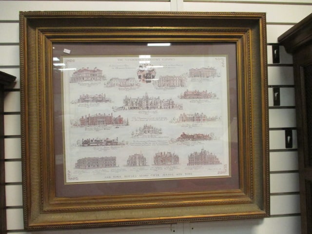 Framed and Matted "The Vanderbilt Country Estates" Print of Architectural Rendering: 31 1/2" x 27 1/2", Local Pickup Only