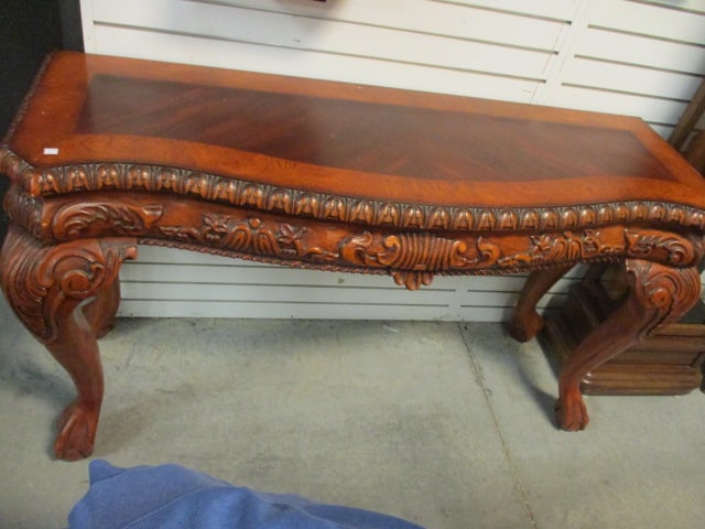 Universal Furniture Co. Havily Carved Banded Bowfront Console Table: 62" x 20" x 34 1/2", carved ball and claw fee, few scuffs on feet and finish scratches on top, Local Pickup Only