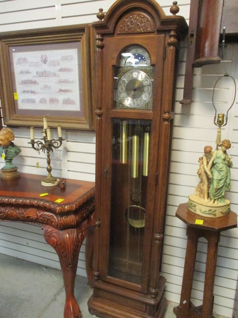 Ethan Allen Oak Weight Driven Moon Phase Dial Grandfather Floor Clock: 20 1/2" x 11 1/2" x 78 1/2", chimes and runs, has locking door, beveled glass door, West German movement, Local Pickup Only