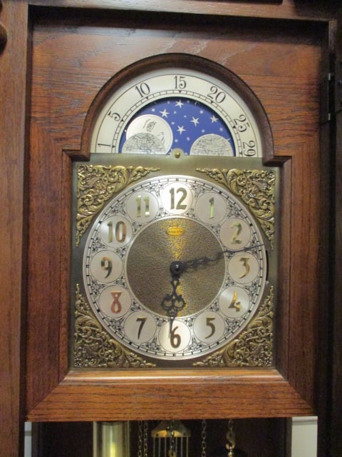 Ethan Allen Oak Weight Driven Moon Phase Dial Grandfather Floor Clock - 3