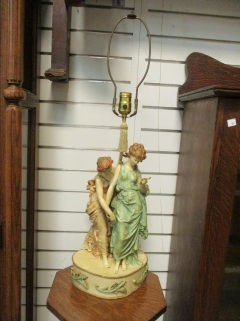 Vintage Handpainted Spelter Neo Classical Figural Table Lamp: 30"h, does not have shade or finial, few finish chips,