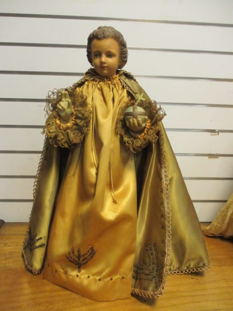Vintage Devotional Religious Figure Giving Blessings in Ceremonial Dress: 21"h, chalkware statue marked C.S. 224 on base, statue has odor may need professional cleaning