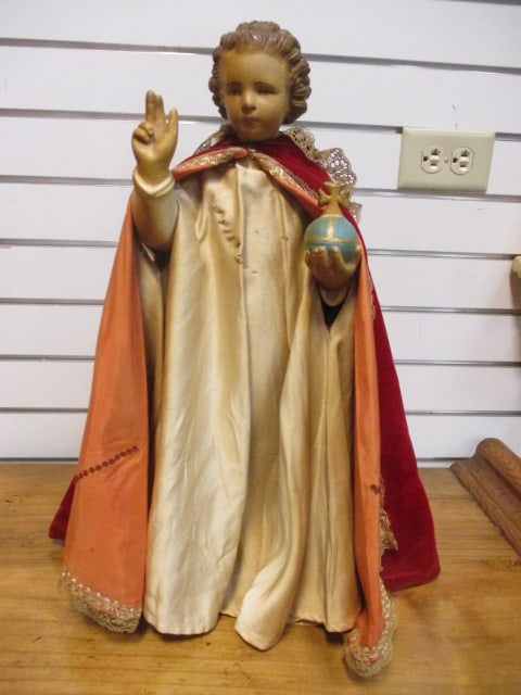 Vintage Devotional Religious Figure Giving Blessings in Ceremonial Dress: 21"h, chalkware statue marked A.DaA Prato Co. Boston, Mass. on base, statue has odor may need professional cleaning