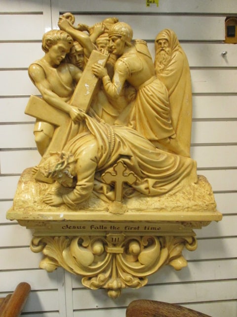 Large Devotional High Relief The Third Station of the Cross "Jesus Falls the First Time": Chalkware Wall Plaque. 23" x 5" x 34", marked "In Memory of E. Litoff", some chips and finish-see pictures and preview, plaque has odor may need professional cleaning, Heavy-Local Pickup Suggested