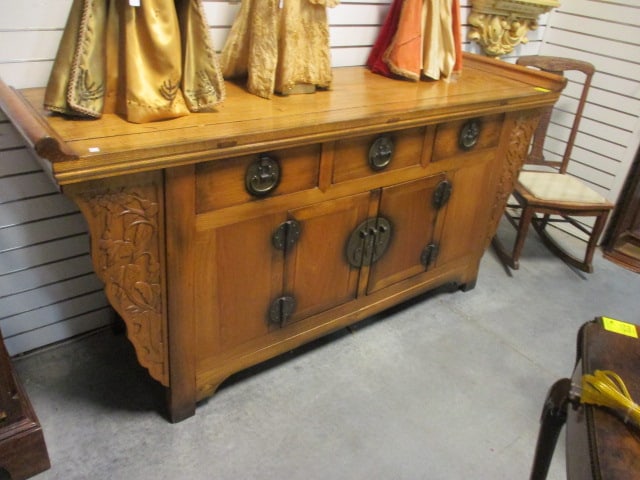 Rustic French Country Style Server with Carved Viney Flower Accents: 74" x 21" x 36", three drawers over two doors, Local Pickup Only