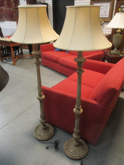 Pair of Carved Neoclassical Style Floor Lamps: 61"h, both need finials, Local Pickup Only