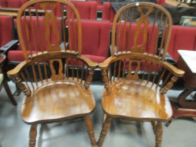 Pair of Oak Windsor Style Arm Chairs: 25 1/2"w, some finish wear and stains, Local Pickup Only