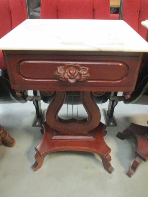 Marble Top Victorian Harp Base Side Table with Drawer (1 of 4)