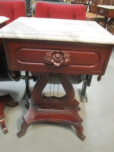 Marble Top Victorian Harp Base Side Table with Drawer (1 of 6)
