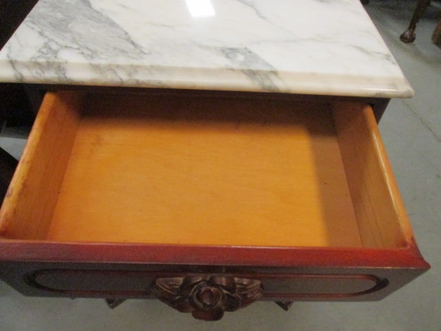 Marble Top Victorian Harp Base Side Table with Drawer - 4