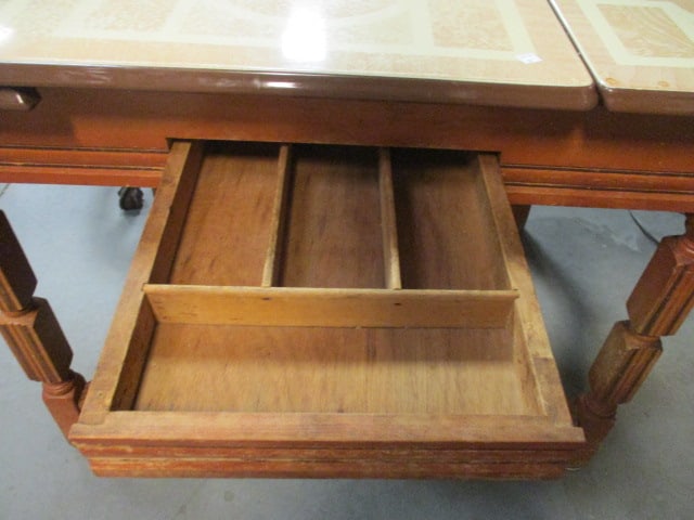 Vintage Draw Leaf Enamel Top Kitchen Table with Drawer - 5