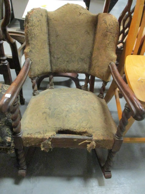 Antique Barley Twist Wing Back Rocking Chair: 25"w, spring and straw filled construction seat, needs recovering/refinishing-see pictures and preview for condition, Local Pickup Only