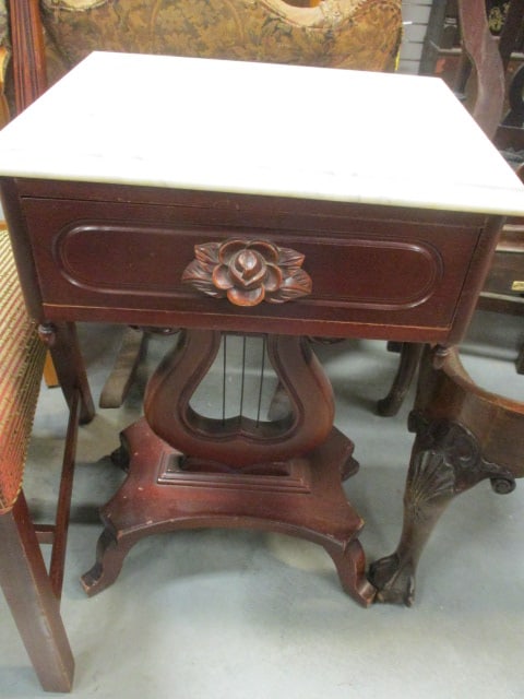 Marble Top Victorian Harp Base Side Table with Drawer (1 of 6)