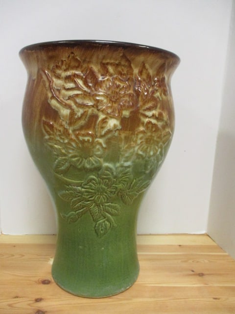 Large Brown/Green Drip Glaze Embossed Pottery Floor Vase/Jardiniere: 12 1/4"dia x 18 1/2"h