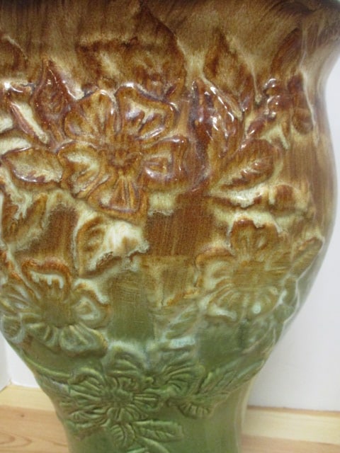 Large Brown/Green Drip Glaze Embossed Pottery Floor Vase/Jardiniere - 2