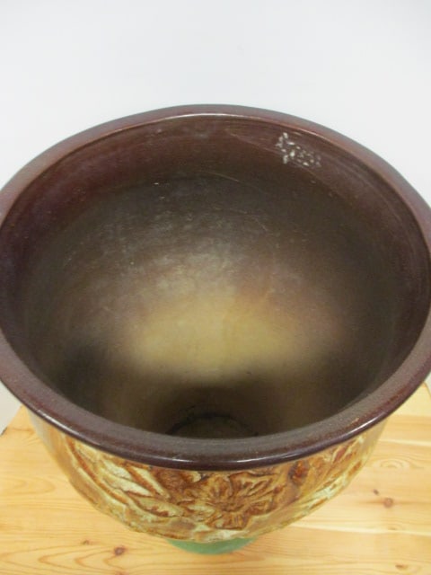 Large Brown/Green Drip Glaze Embossed Pottery Floor Vase/Jardiniere - 3