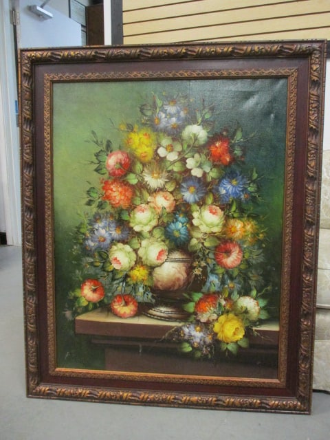 Large R. Michel Flower Still Life Painting: Framed 35 1/2" x 43 1/2", has artist bio on back, Local Pickup Only