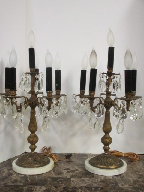 Pair of Electric Hollywood Regency Style 5 Lite Candelabras with Prisms (1 of 8)
